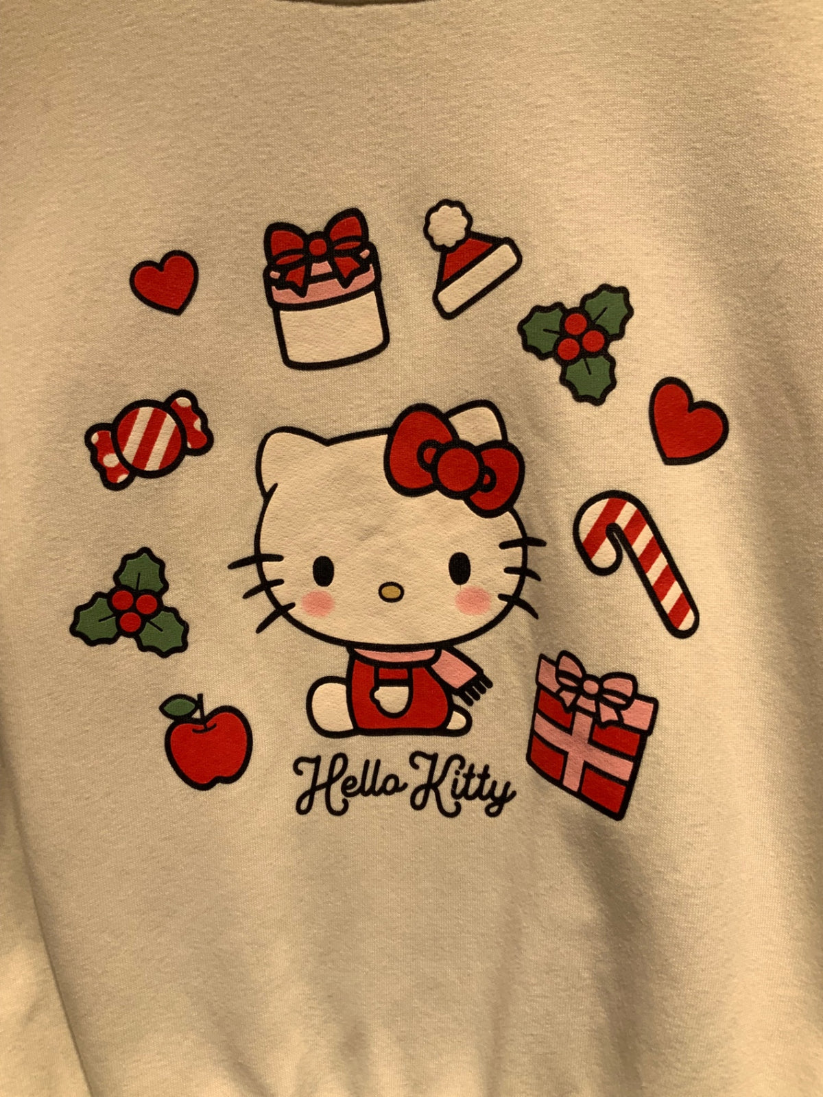 H&M Tröja 122/128 vit/julmotiv Hello Kitty: fläck