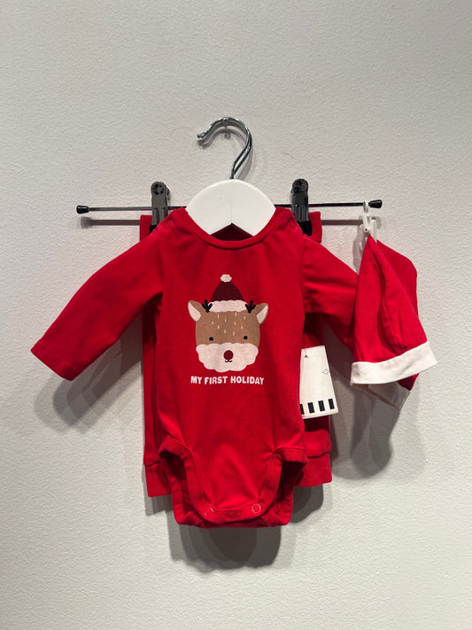 H&M Julset byxor+body+mössa 50 Röd/Tomte